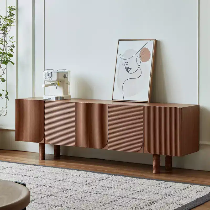 Mid-Century Modern Threaded TV Media Cabinet, fits TVs up to 80 inches, with recessed door panels and 4 storage cabinets, Walnut