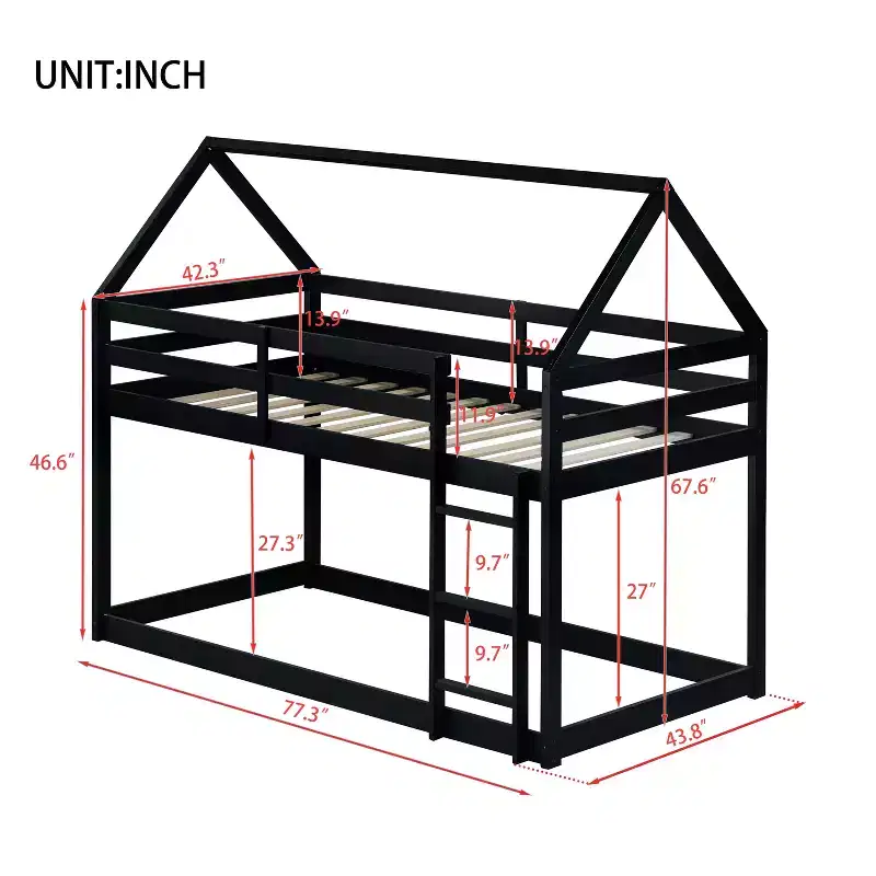 Twin over Twin House Floor Bunk Bed with Ladder and Guardrails, Rubber Wood House Bunk Bed Frame for Kids