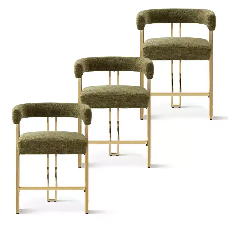 Set of 3 Counter Height Bar Stools with Backs and Arms, Modern Chenille Upholstered Kitchen Island Chairs with Gold Metal Legs - Panipeachy