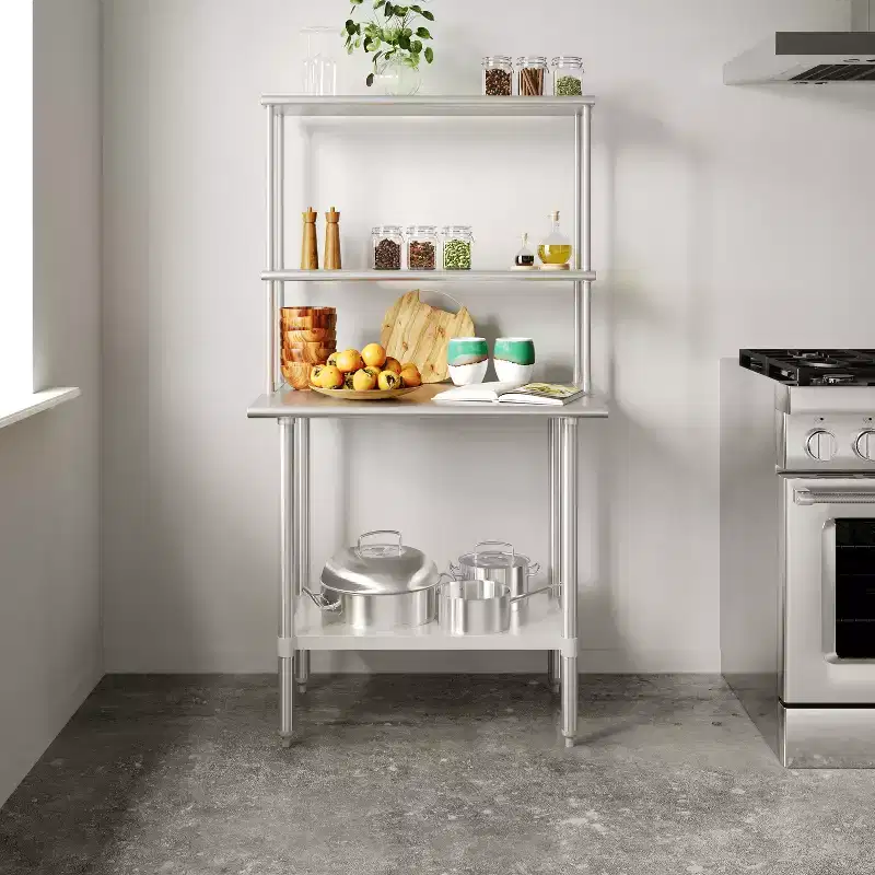 Flash Furniture Rawcliffe Portable Prep and Work Table with 18 Gauge Stainless Steel Top Shelf and Double Overshelves and Galvanized Steel Undershelf