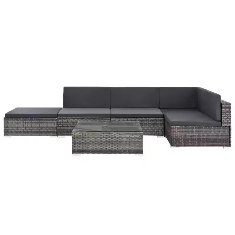 vidaXL Patio Lounge Set - 6-Piece Poly Rattan Gray Sectional Sofa Set with Coffee Table and Ottoman - Comfortable Outdoor Seating with Cushions