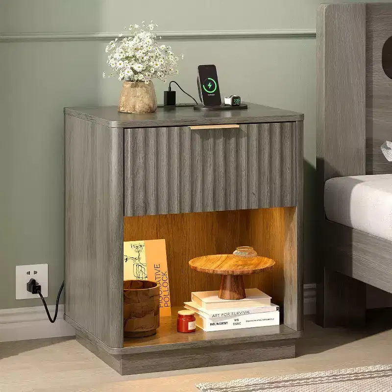 VINGLI Night Stand with Charging Station & Led Light, 19 W Fluted Nightstand Round Edge