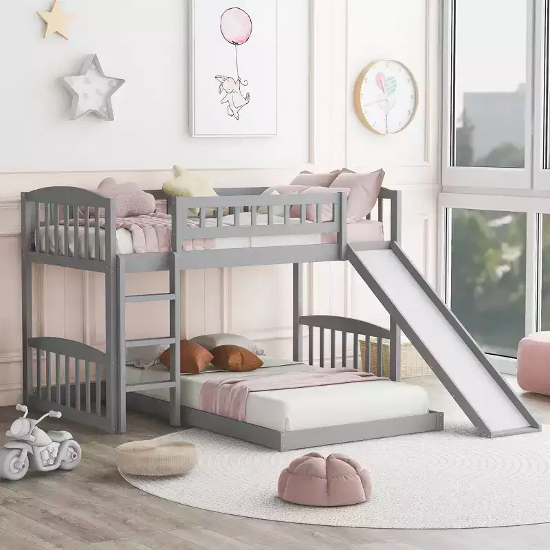 Floor Bunk Bed with Slide and Stairs, Low Bunk Bed Twin over Twin with Storage, Wood Twin Bunk Bed for Toddlers Kids