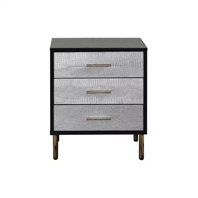 Royal Hampton 19 Inch Glamorous Style Nightstand, 3 Drawers, Black, Silver, Gold