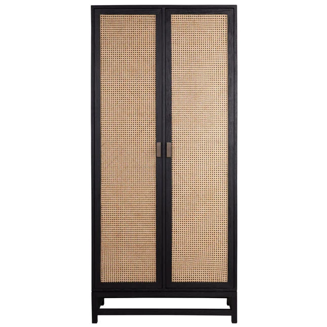 Boho Exotic Wood & Rattan Cabinet with Two-Tone Antique Black Frame for Living Room or Bedroom
