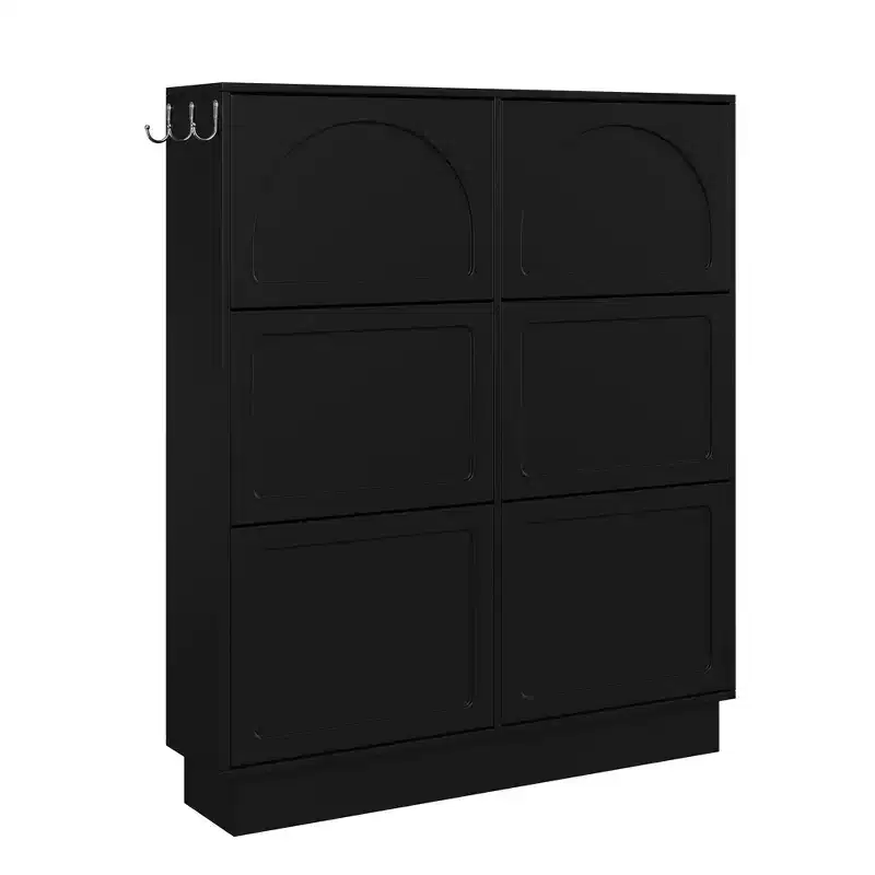 VIYET 49 6-Flip-Drawer Narrow Shoe Cabinet, Black MDF Cream-Style Organizer w/ Adjustable Shelves & 3 Silver Hooks