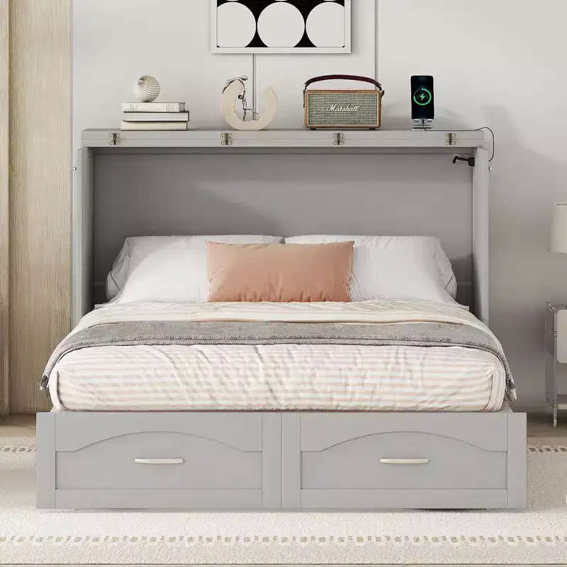 Whisen Pulley Structure Design Murphy Bed, Folded into a Cabinet with Drawer and USB Ports