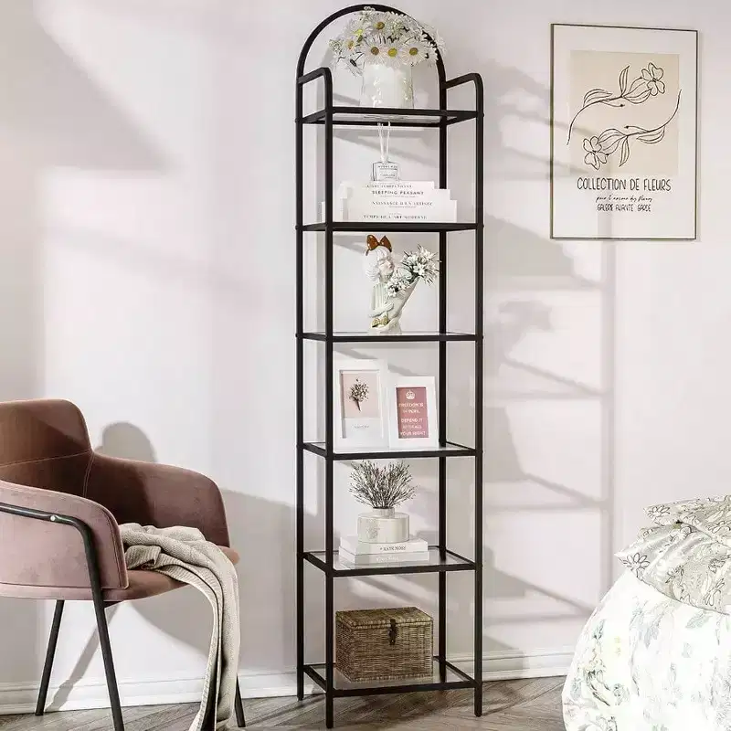 Tempered Glass Bookshelf, Slim Steel Frame 6 Tier Black Bookcase for Bedroom Bathroom Home Office Strong Sturdy Storage Shelf