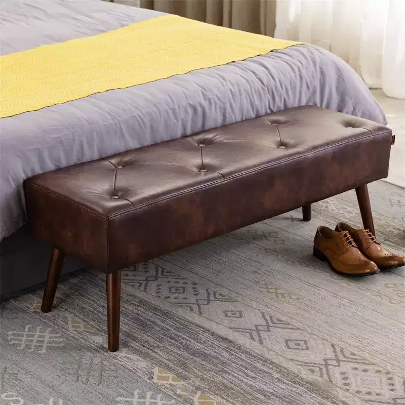 Furniliving 44 Inch Bedroom Ottoman Bench, Faux Leather Upholstered with Wooden Legs for Living Room/Bedroom/Entryway