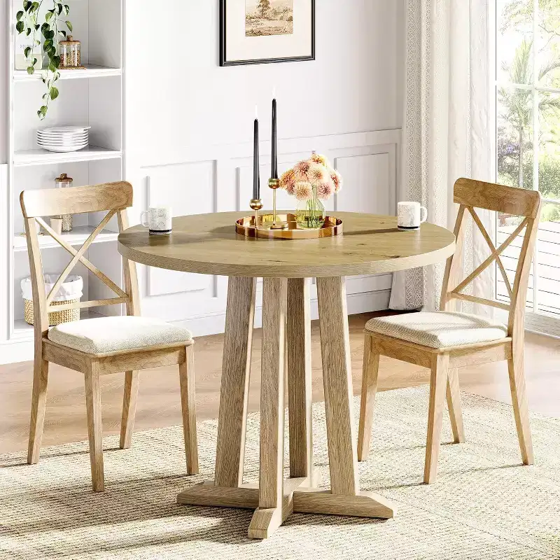 Lantine 31.5-Inch Round Dining Table for 2-4, Farmhouse Small Kitchen Table with Sturdy & Unique Base for Dining Room, Small Space,Oak