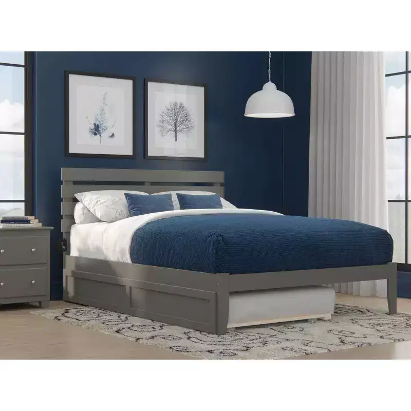 Queen Platform Bed with USB Turbo Charger and XL Trundle, Gray, Solid Hardwood, No Box Spring Needed