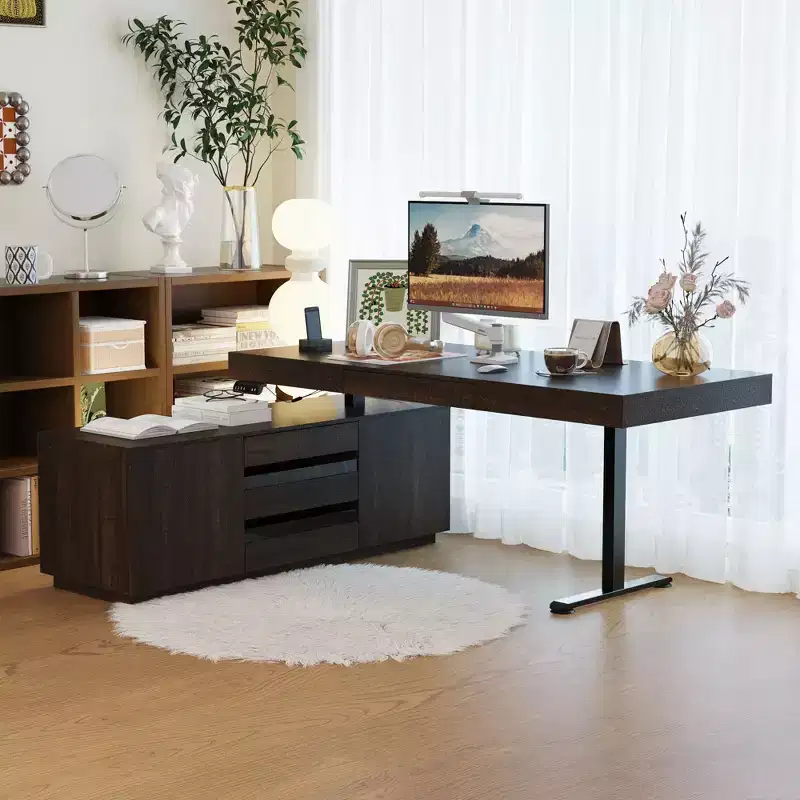Dark Wood-Grain L-Shaped Electric Standing Desk with Storage Cabinet – 1 Person