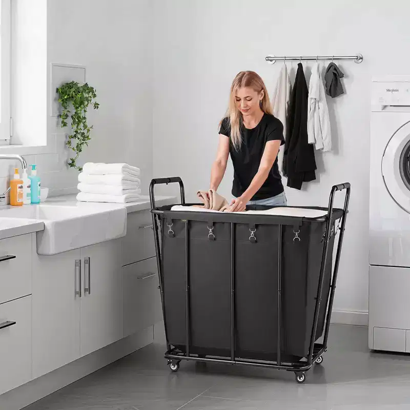 Rolling Laundry Cart with Waterproof Liner and Swivel Wheels, 260 LBS Capacity, Black