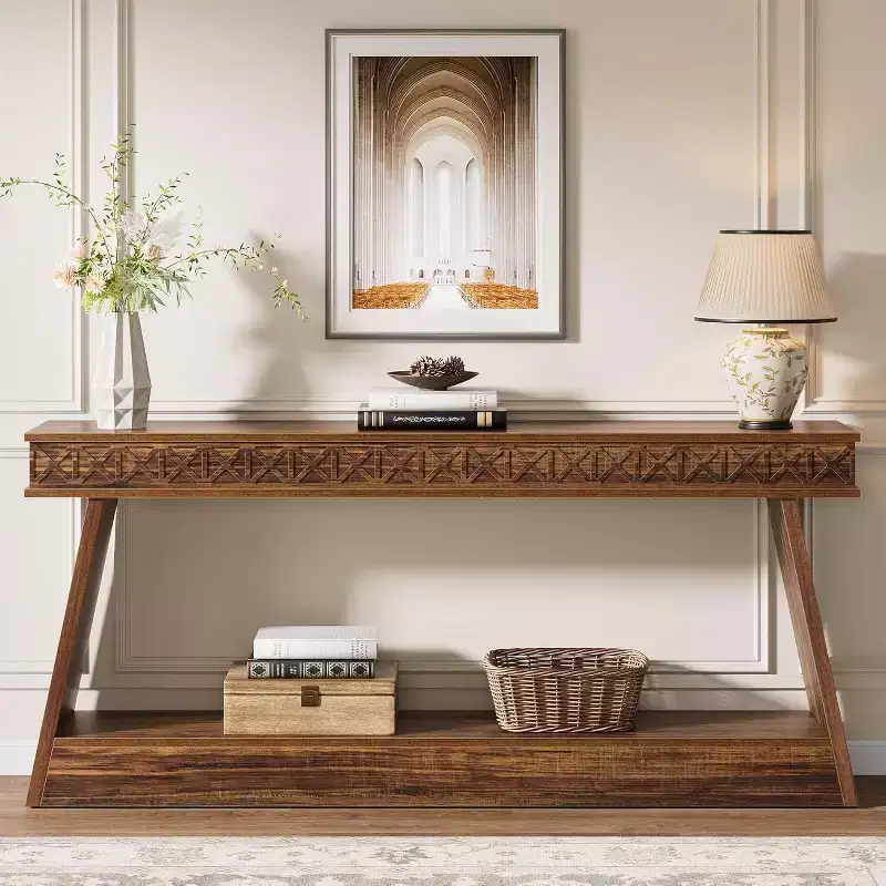 Lantine 2-Tier Farmhouse Console Table, 70.87 Extra Long Entryway Table with Storage