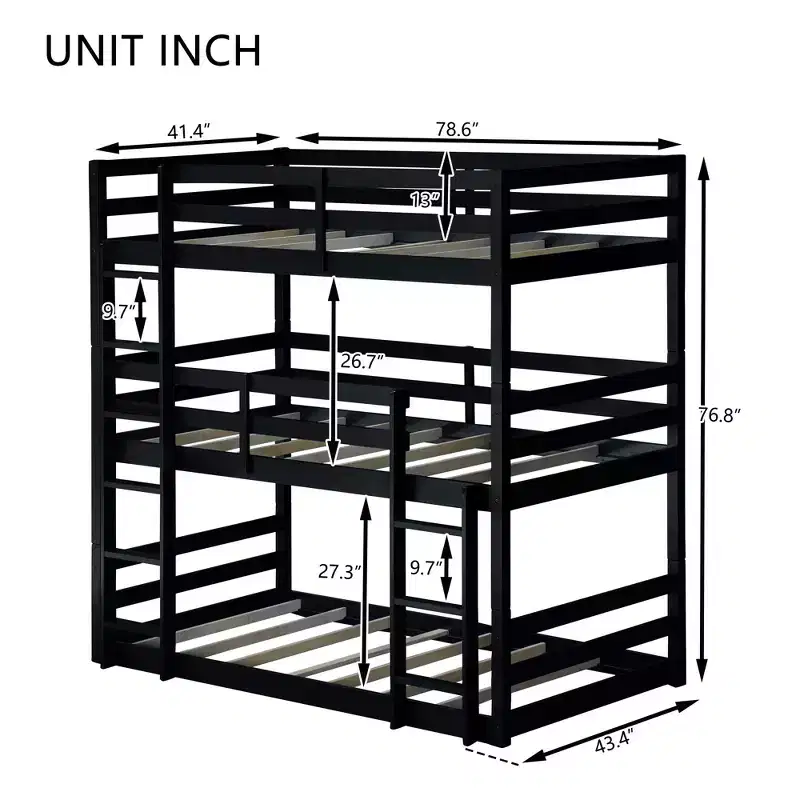 Triple Twin Bunk Bed, Solid Wood 3-Tier Bunk Bed with Dual Ladders & Guardrails