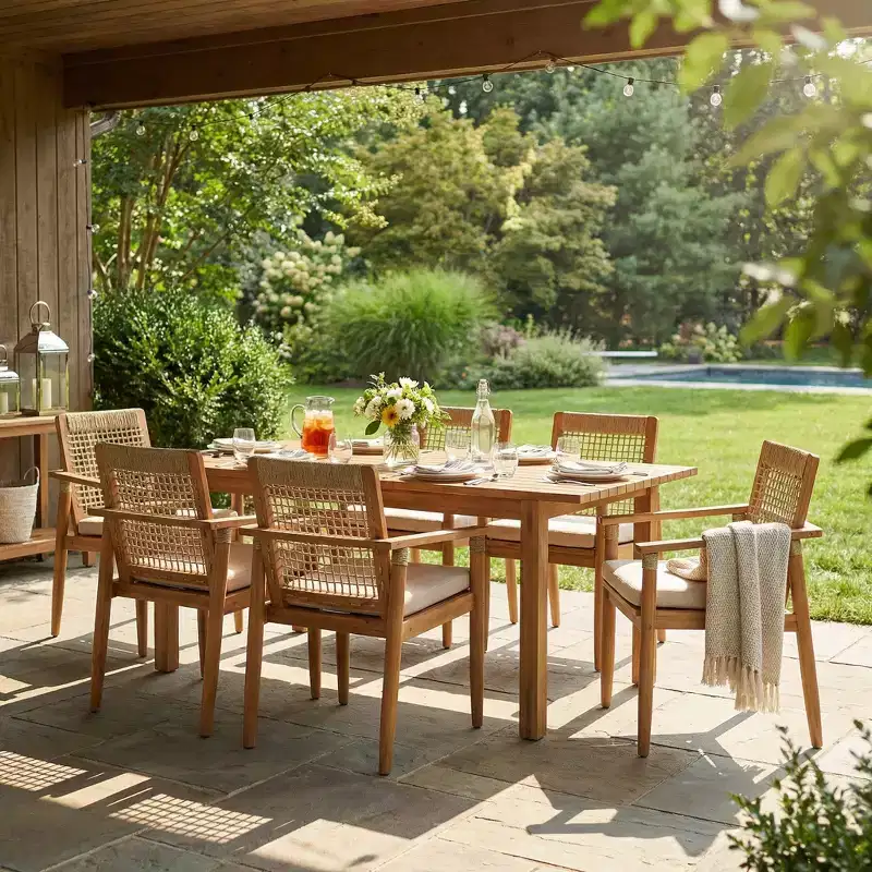 Christopher Knight Home Andiez Modern 7 Piece Patio Acacia Dining Set with Expandable Slatted Table and Rope Design