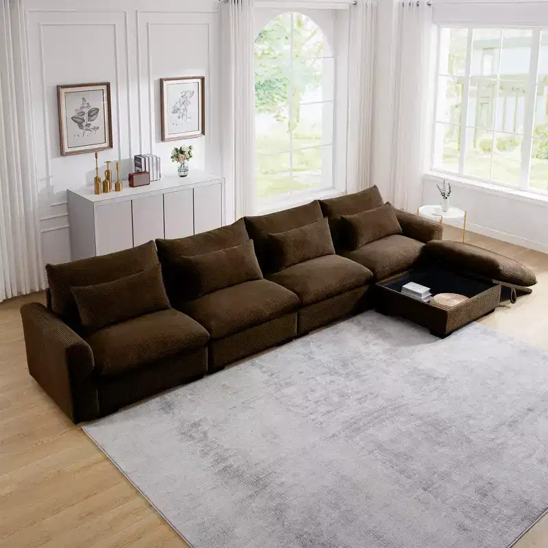 Christopher Knight Home Nelly Large L-Shaped Corduroy 157.5 Sectional Sofa with Storage Ottoman and 4 Waist Pillows
