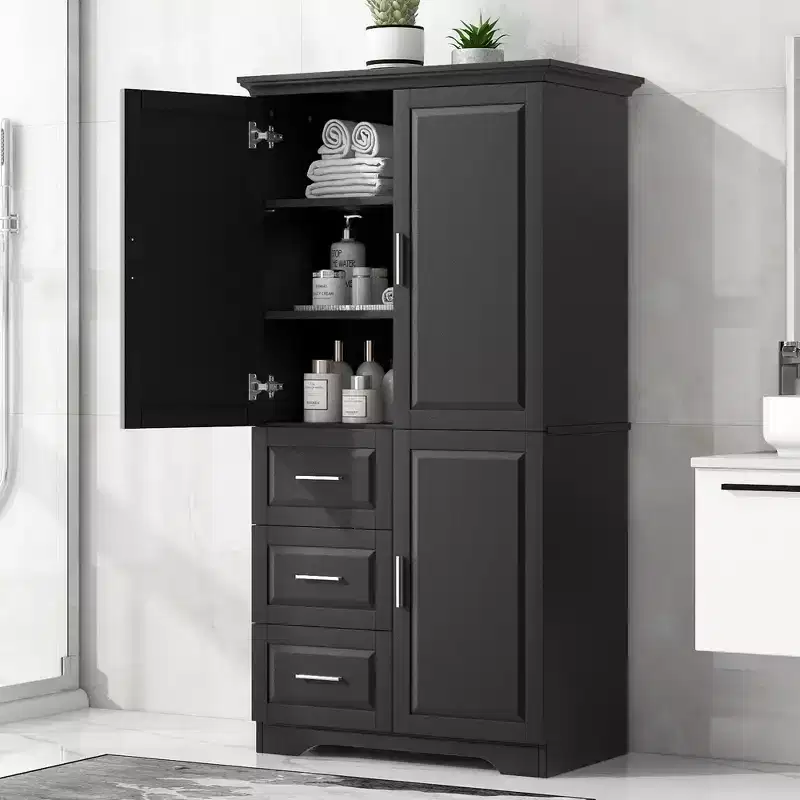GDFStudio Sienna Modern Wood Tall Bathroom Storage Cabinet with Drawers and Adjustable Shelves