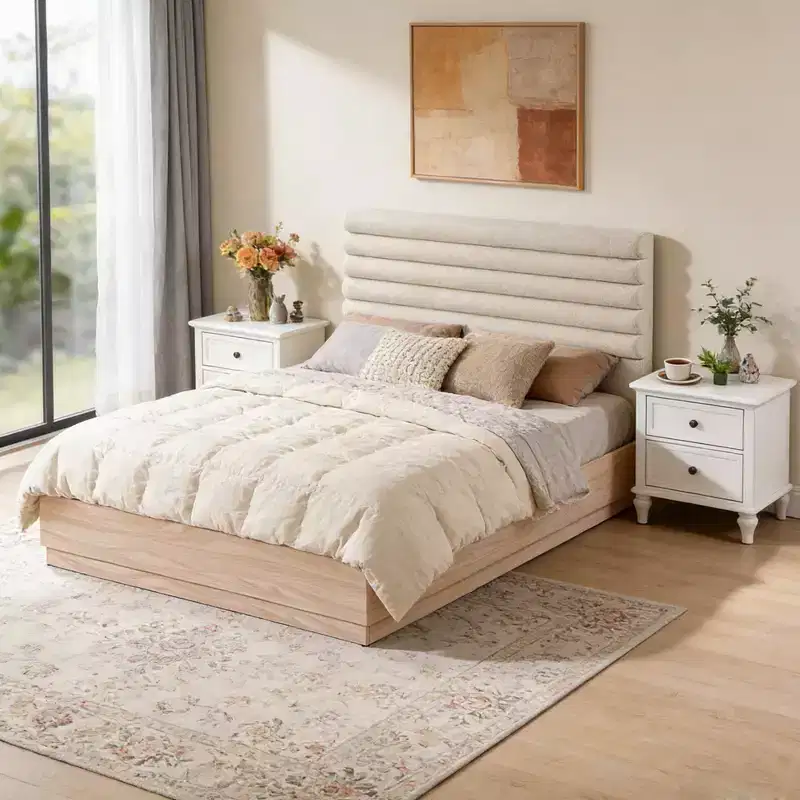 Christopher Knight Home Anatoli Contemporary Wood Bed Frame with Taupe Boucle Upholstered Headboard