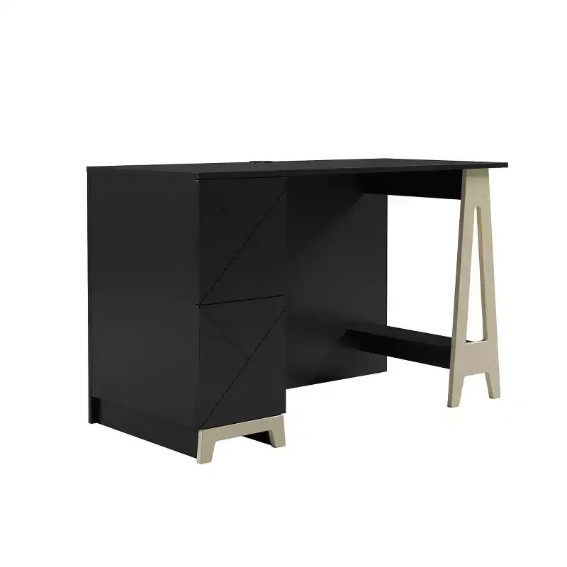 Nexera Atypik 2 Drawer Desk Black/Birch Plywood: Lacquered MDF, Open Storage Shelf, Adult Assembly Required