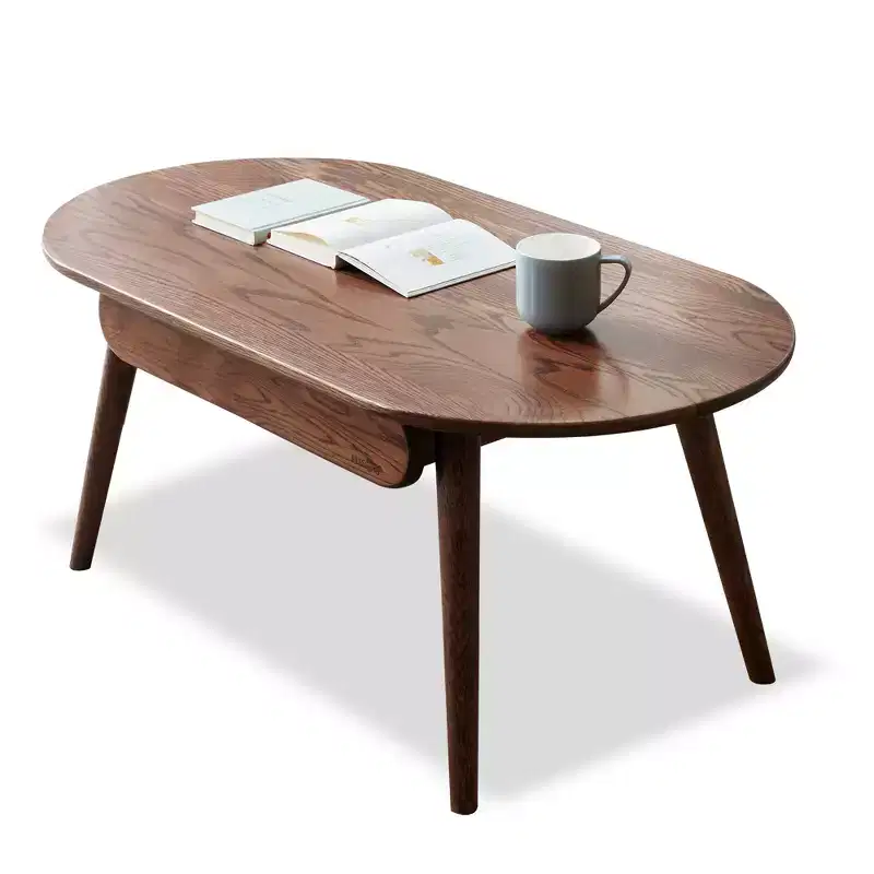 Solid Oak Wood 39.37W Oval Coffee Table with One Drawer