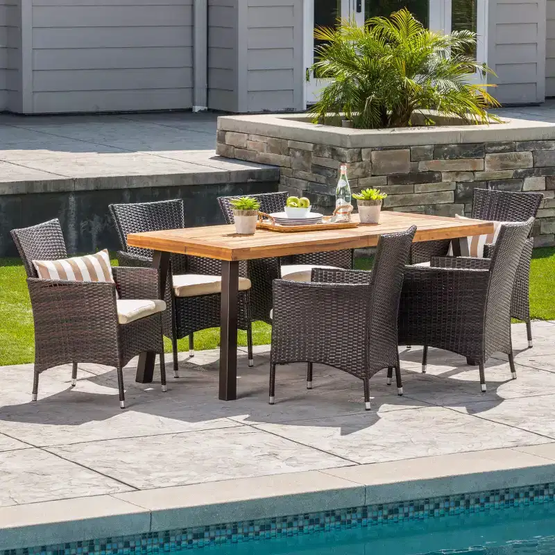 Christopher Knight Home Randy Outdoor Acacia Wood and Wicker 7 Piece Dining Set with Cushions, Teak/Multibrown