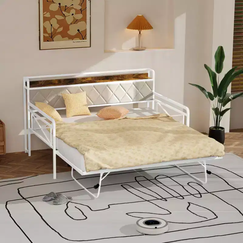 Twin Size Metal Daybed Frame with Pop-up Trundle Bed and Charging Station with Upholstered Storage Headboard and LED Lights