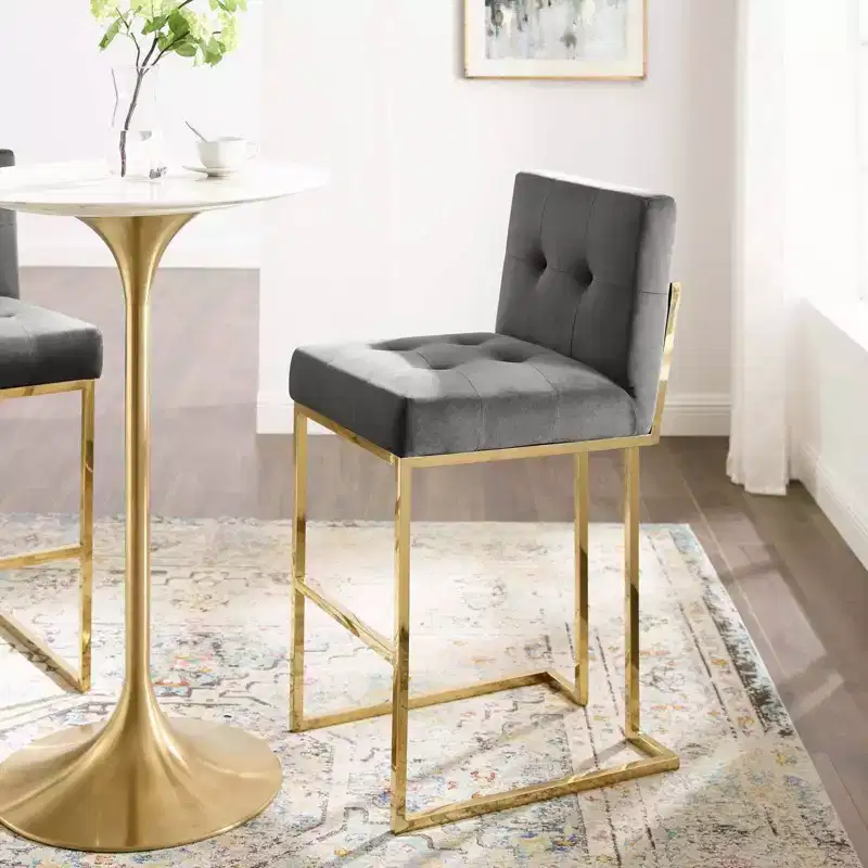 Privy Stainless Steel Performance Velvet Barstool Gold/Charcoal - Modway: Upholstered Square Seat, Modern Design, Fixed Height