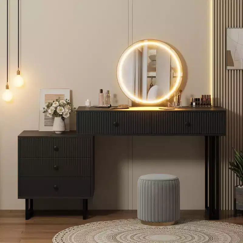 Vanity Desk with Mirror and Lights, 49.2H Makeup Vanity with 3 Color Lights and Adjustable Brightness