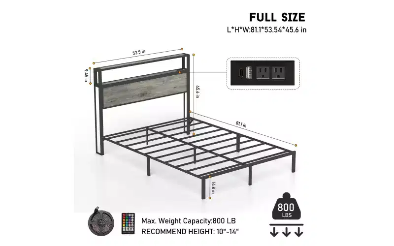 Bellemave Platform Bed Frame with LED Light, USB Charging Station & Headboard, Grey.