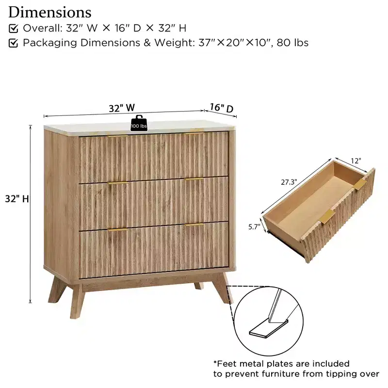 32 Tall Fluted Nightstand, Modern Side Table with Faux Marble Top, 3 Drawers End Table w/Storage, Bedside Table for Bedroom, Living Room