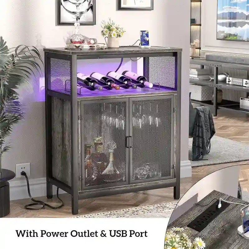 Wine Bar Cabinet with RGB Light and Outlet - 23.6D x 13.6W x 31H