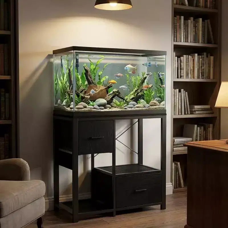 20-29 Gallon Fish Tank Stand with Power Outlets, Heavy Duty Metal and Wood Aquarium Table with Storage Shelf for Living Room