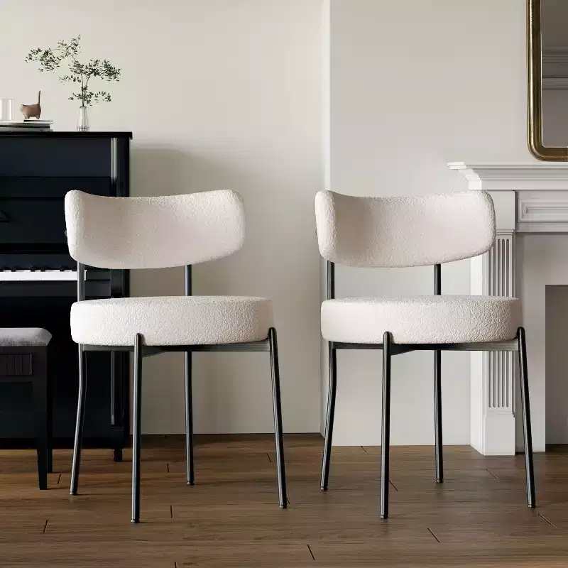 Mid-Century Modern Dining Chairs Set of 2, Round Upholstered with Curved Back & Metal Legs, Boucle Kitchen Dining Room Side Chairs