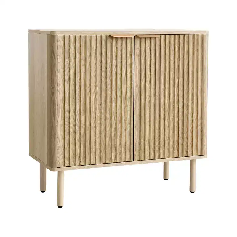 VEVOR Coffee Bar Cabinet, Mid Century Fluted Coffee Bar Table with 2-Tier Storage, Buffet Stand Cabinet with 2 Barn Door, 31.5 x 14.7 x 31.5 in, Oak