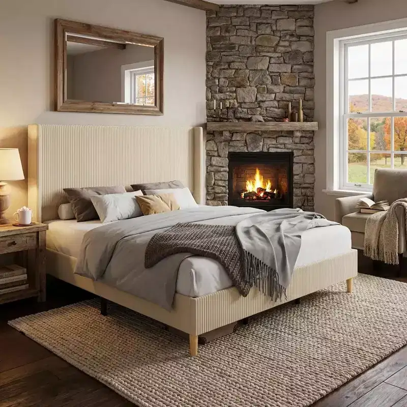Bed Frame, Corduroy Upholstered Queen Bed Frame with Wingback Headboard, No Box Spring Needed, Solid Wooden Slats, Noise Free