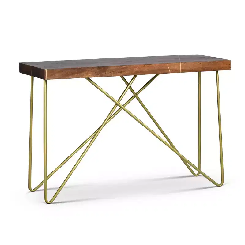 Steve Silver Walter Sofa Table Mango Wood Top with Brass Inlay and Base: Crisscross Metal Legs, Wood Veneer, Modern Glam Design