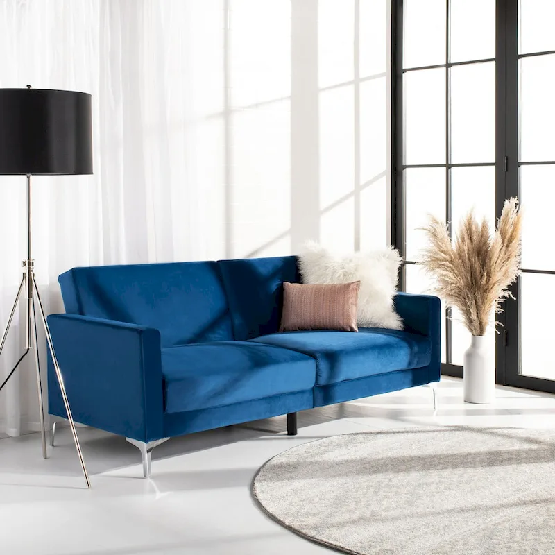 Contemporary Velvet Foldable Futon Sofa Bed with Chrome Legs