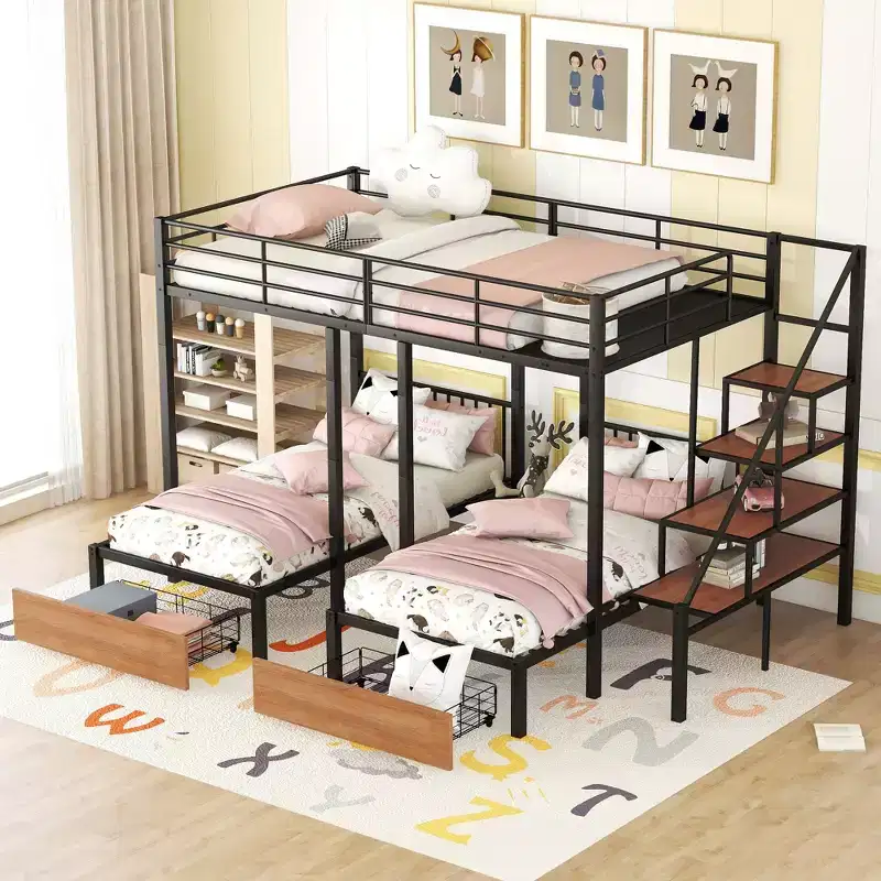 Metal Full over Twin-Twin Triple Bunk Bed with Drawers, Heavy Duty Bunkbeds Frame with Storage Staircase, Black