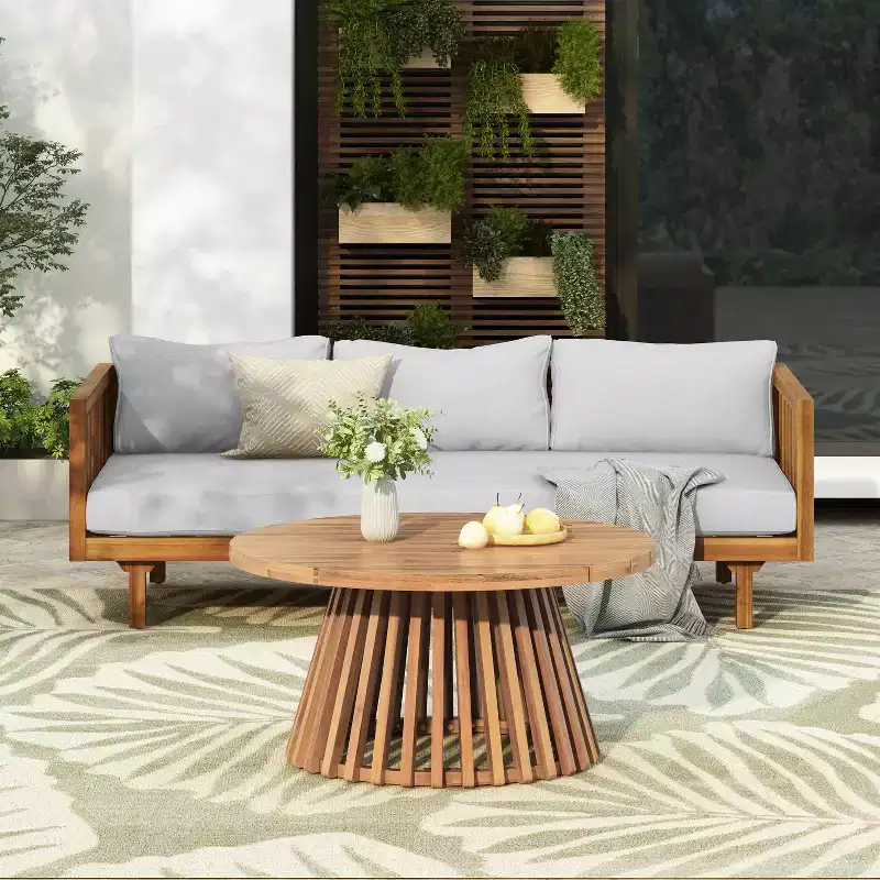 2 Pieces Patio Furniture Sets With 67.5 Length 3 Seater Green Sofa And 31.5 Round Acacia Wood Table