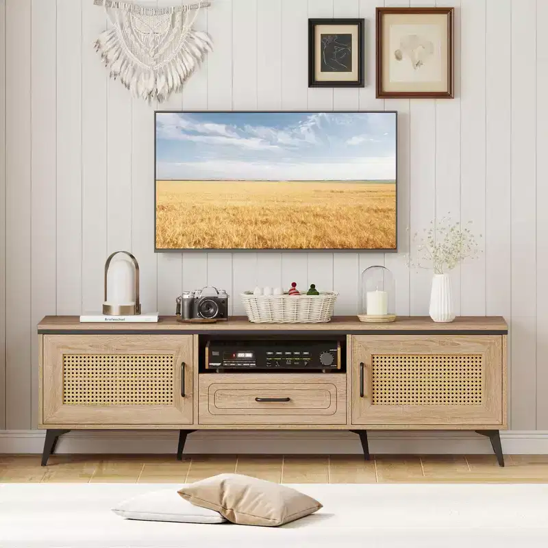 Boho TV Stand for 65 Inch TVs, Modern Entertainment Center with Drawer & 2 Storage Cabinets