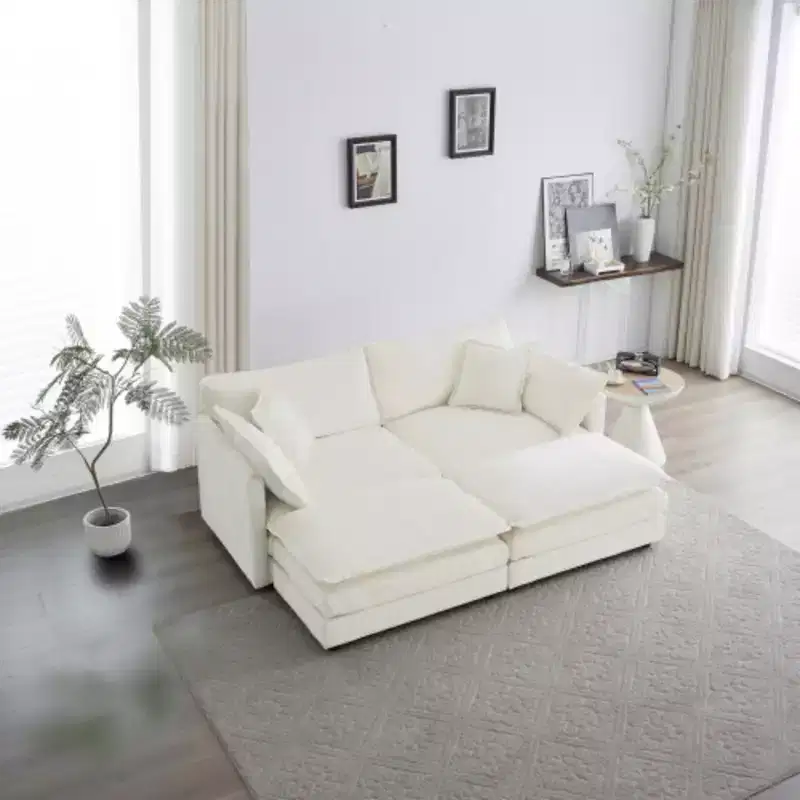 4-Piece Set: Upholstered 2-Seater Sofa and 2 Ottoman Pieces, Loveseat Lounge