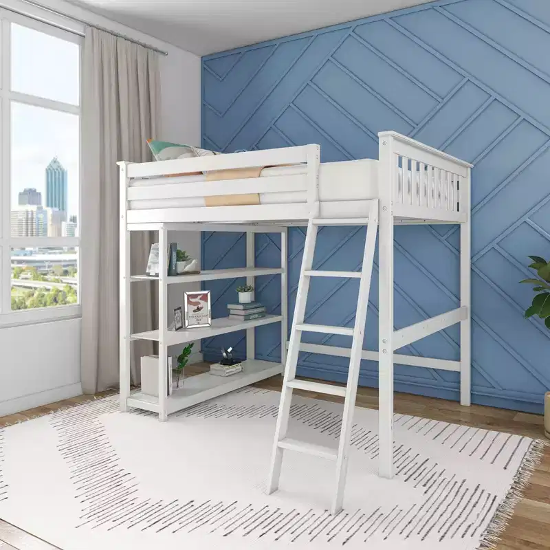 Full Size High Loft Bed with Ladder and Bookcase, Solid Wood Frame, Space Saving, 400 lbs Weight Capacity, Easy Assembly
