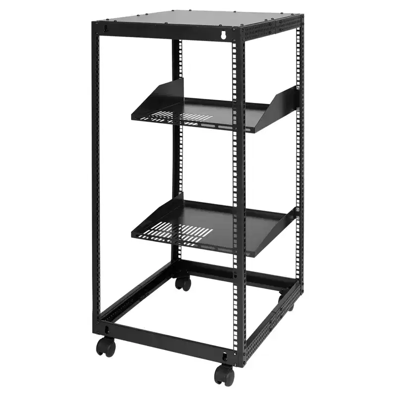 20U Server Cabinet Open Structure Network Housing Wall-Mountable with 2 Perforated Shelves & 4 Wheels Depth Adjustable 23