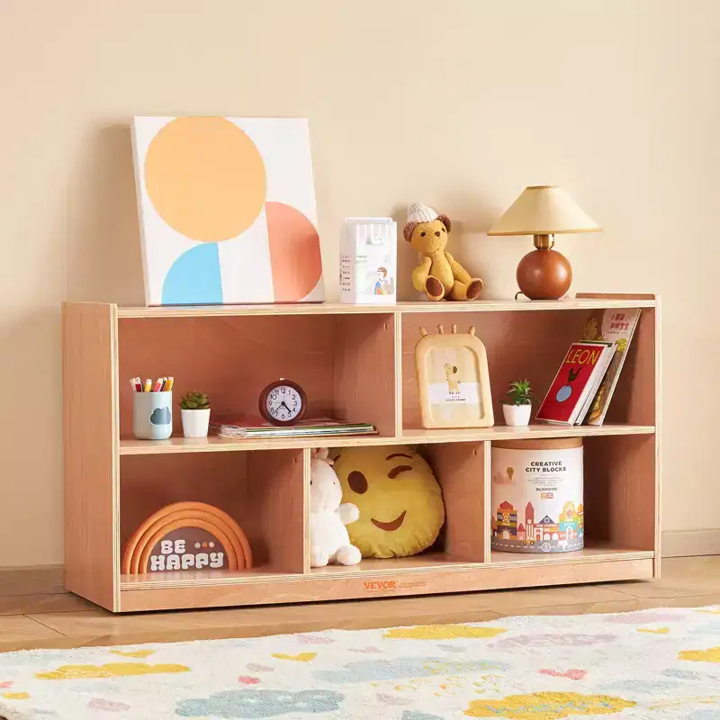 VEVOR Cubby Mobile Tray Storage Cabinet, 5-Compartment Cubby Storage Shelf, Cubby Storage Cabinet 2-shelf, Classroom Cubbies, Natural
