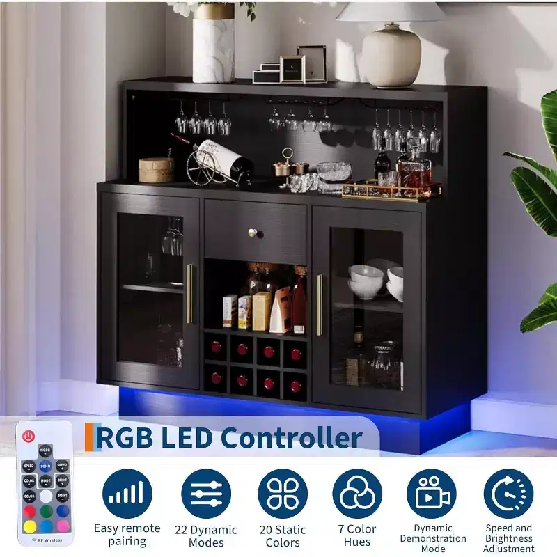 Modern Bar & Coffee Station with LED Lights, Lockable Glass Door & Spacious Countertop for Kitchen Living Game Room, Holds 8 Bottles & 15 Glasses