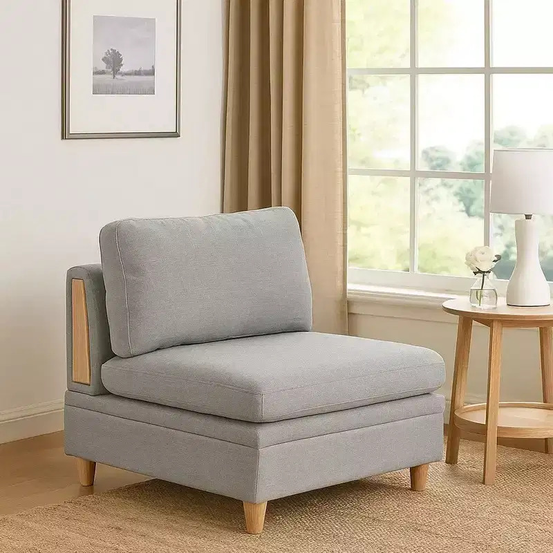 37 Inch Modular Armless Sofa Chair, Light Gray Fabric, Wood