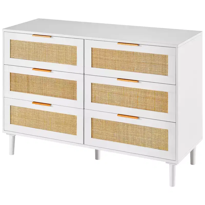 VEVOR 6 Drawer Rattan Dresser, Boho Dresser, Rattan Chest of Drawers with Spacious Storage, Natural Rattan Dresser, White