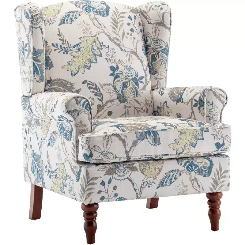 Erommy Upholstered Accent Chair, Floral Print Fabric Armchair,Blue