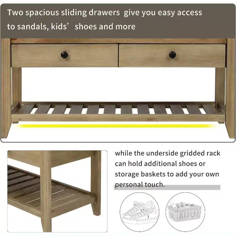 Acekool 35.4 Farmhouse Storage Bench with Cushion, 2-Tier Entryway Bench with Shelf & 2 Drawers for Bedroom, Hallway, Living Room, Gray Wash